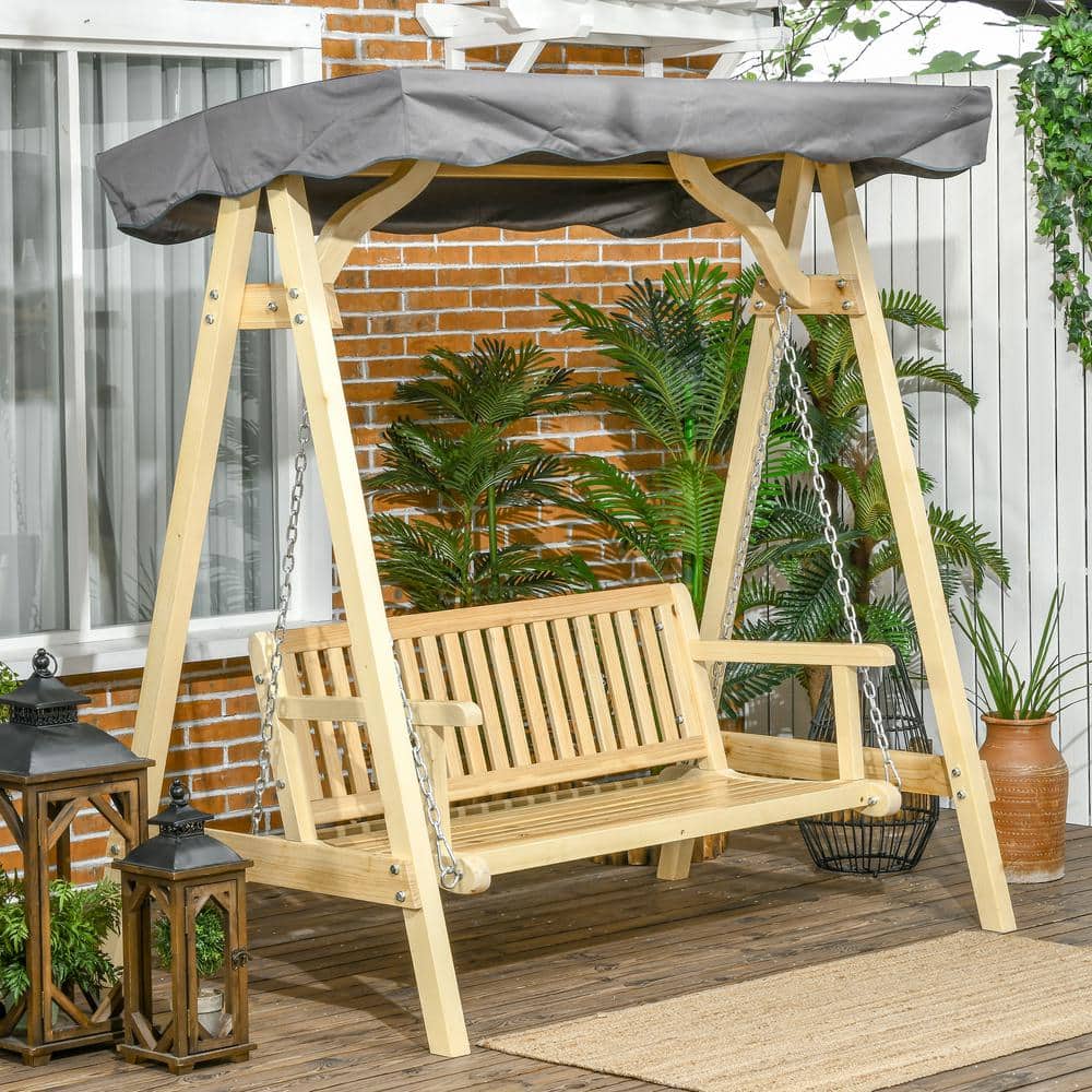 Rustic Fir Wood 2-Seater Porch Swing with Adjustable Canopy