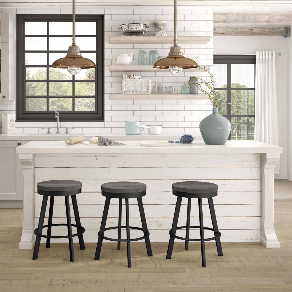 30" Grey Distressed Wood & Black Metal Industrial Swivel Barstool