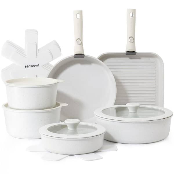 17 Piece Pots and Pans Set, Nonstick Detachable Handle Cookware Set, Induction Kitchen Cookware Set (White)