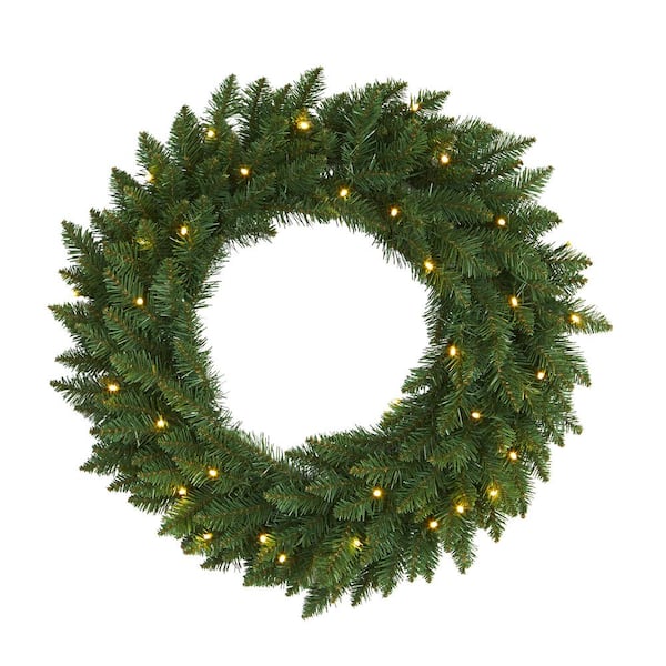 Nearly Natural 24 in. Pre-Lit Green Pine Artificial Christmas Wreath with 35 Clear LED Lights
