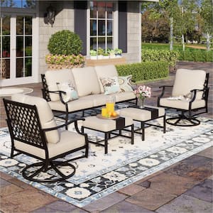 Black 5-Piece Metal Meshed 7-Seat Outdoor Patio Conversation Set with Beige Cushions, 2 Swivel Chairs and 2 Ottomans