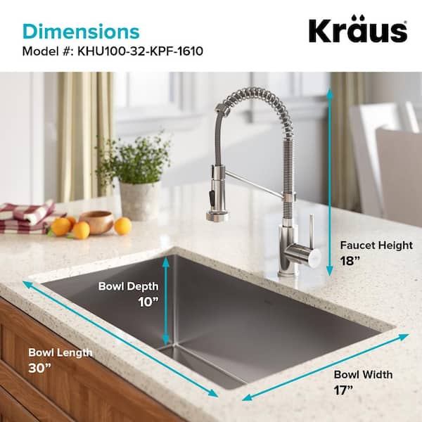 KRAUS Standart with Kitchen Steel The Stainless - KHU100-32-1610-53SS Home Bowl in. Steel Undermount 32 All-in-One Faucet in Sink PRO Stainless Depot Single