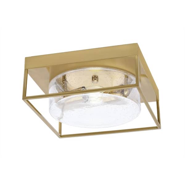 Unbranded Ashland 12 in. 2 Light New Age Brass Flush Mount with Clear Bubble Glass Shade No Bulbs Included