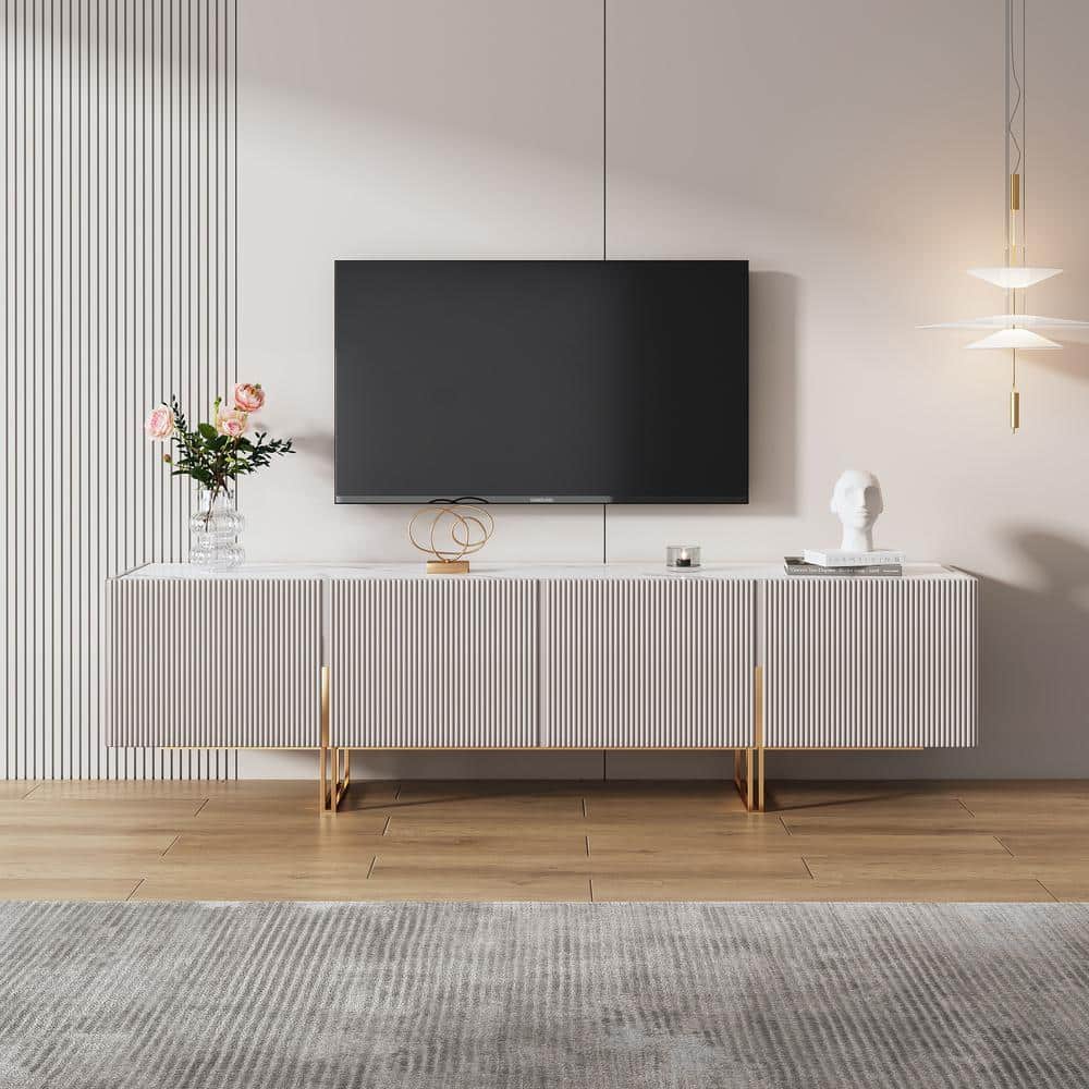 JASIWAY Modern Beige TV Stand Fits TV 85 in. with Gold Metal Leg J
