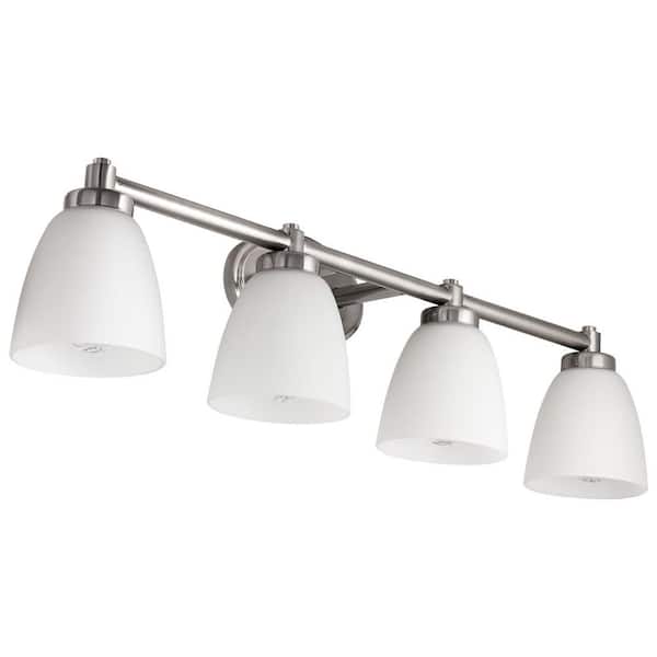Sunlite 34 in. 4 Light Bar Brushed Nickel Bathroom Vanity Light Fixture with Bell Shaped Frosted Glass Shade
