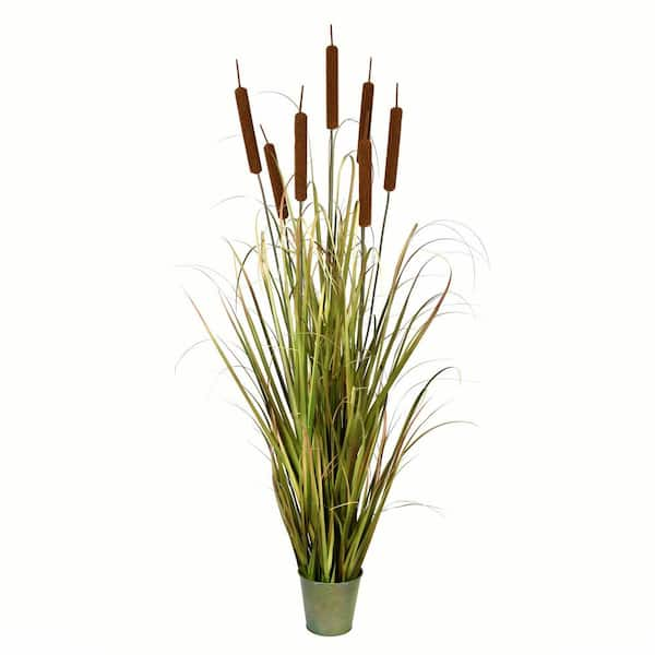 Vickerman 60 in Artificial Potted Green Grass with Cattails.