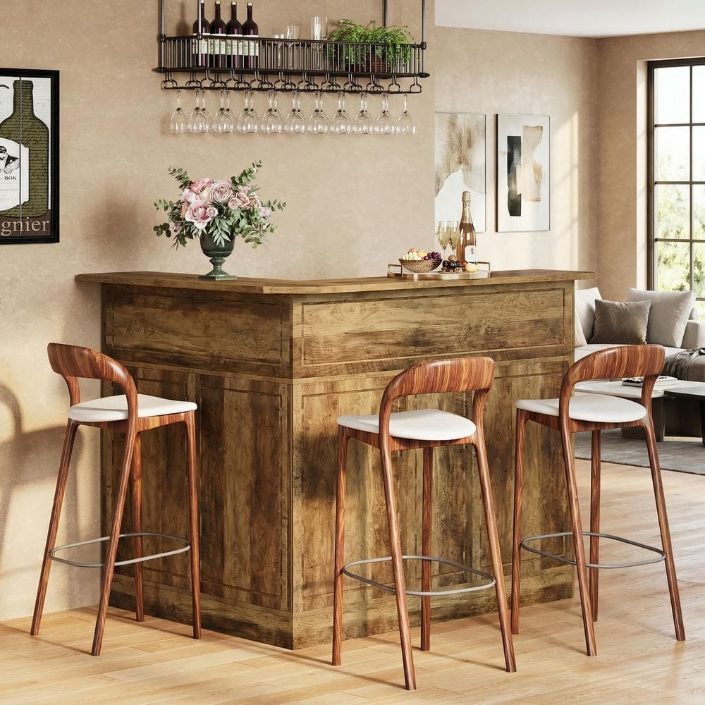 BYBLIGHT Kearsten 44.09 in. H Brown 4-Tier L-Shaped Home Bar Table