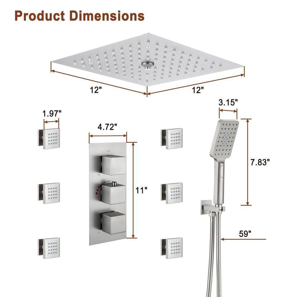 Brushed Nickel LED Ceiling Mounted Shower System with Body Jets