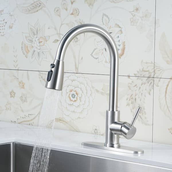 Stainless Steel Single Handle Pull Down Sprayer Kitchen Faucet with 3-Mode Advanced Spray, Deckplate in Brushed Nickel
