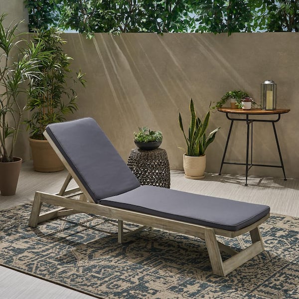 Noble House Maki Light Grey 1-Piece Wood Outdoor Patio Chaise Lounge with Dark Grey Cushions