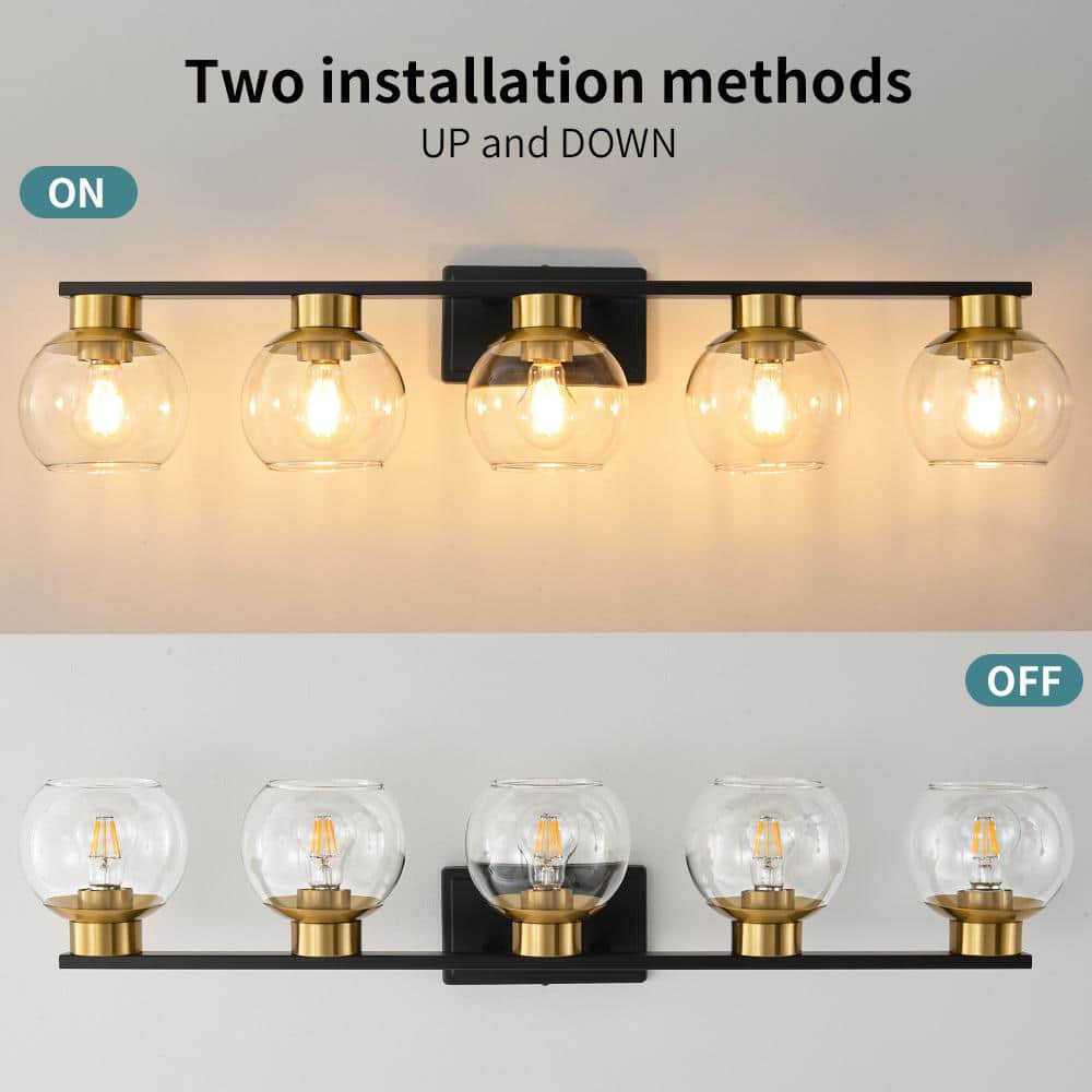 37.43 in. Black and Gold 5-Light Vanity Light with Glass Shades