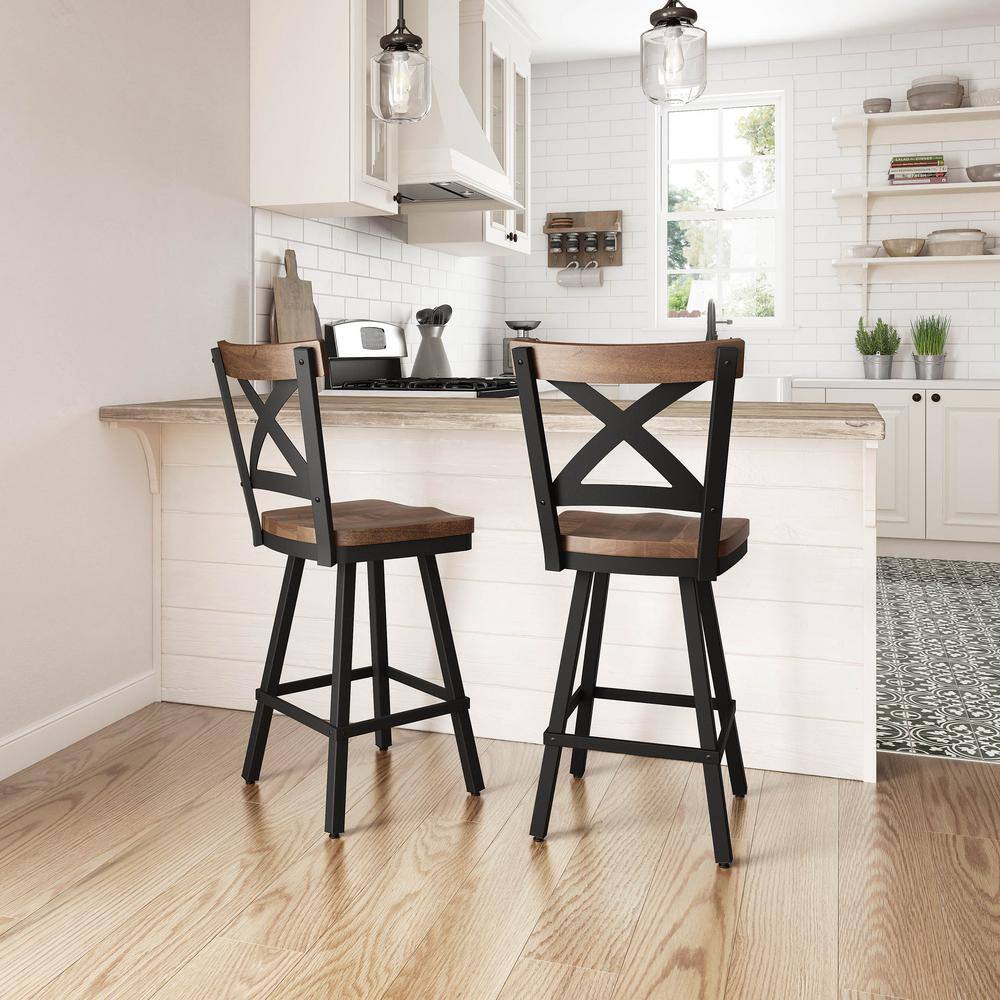 Jasper 26" Light Brown Wood and Black Metal Swivel Counter Stool