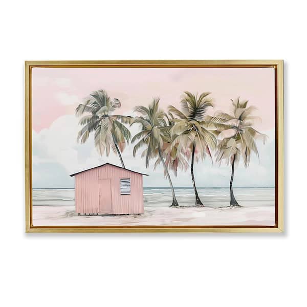 Stupell Industries Pink Beach Hut & Palms by Arlington Prints Gold Floater Frame Coastal Graphic Art Print 17 in. x 25 in.