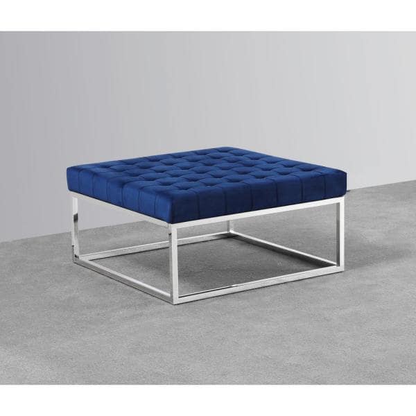 Navy Blue Velvet Tufted Square Ottoman Coffee Table with Silver Base