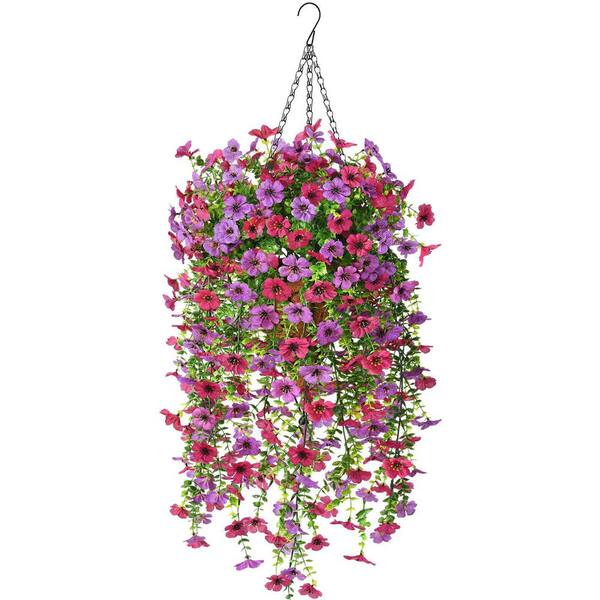 Afoxsos 22in. Purple Outdoor Artificial Hanging Daisy Flower Basket with Eucalyptus Leaves