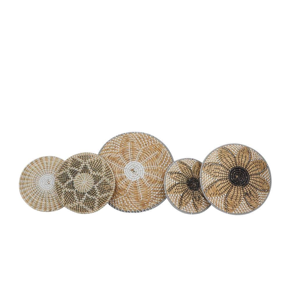 Handmade Brown and White Seagrass Embroidered Wall Sculpture Set