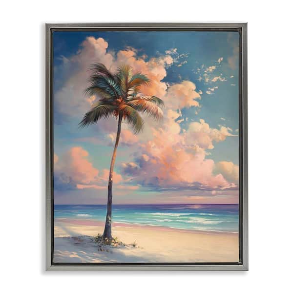 Bright Hued Beach Palm by Arlington Prints Gray Floater Frame Coastal Graphic Art Print 31 in. x 25 in.
