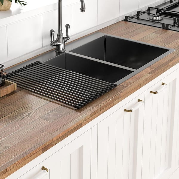33 in. Drop-In Double Bowl (50/50) 16 Gauge Gunmetal Black Stainless Steel Kitchen Sink with Bottom Grids