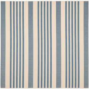 Courtyard Beige/Blue 7 ft. x 7 ft. Square Striped Indoor/Outdoor Patio  Area Rug