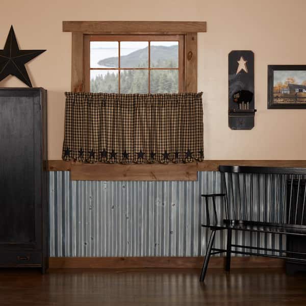 VHC BRANDS Primitive Star 36 in. W x 24 in. L Scalloped Light Filtering Tier Window Panel in Black Khaki Pair
