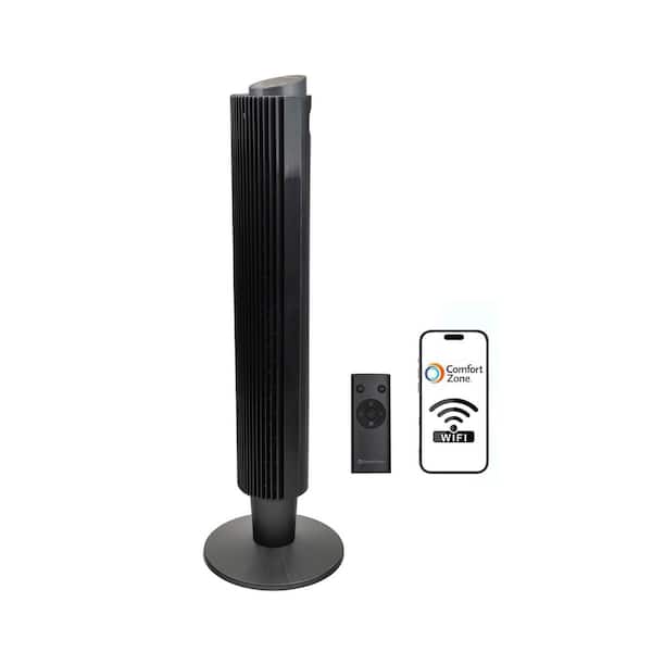 42 in. Tall, 9 in Diameter, 5 Speed Tower Fan with Oscillation, Timer, Remote Control and Wi-Fi, in Black
