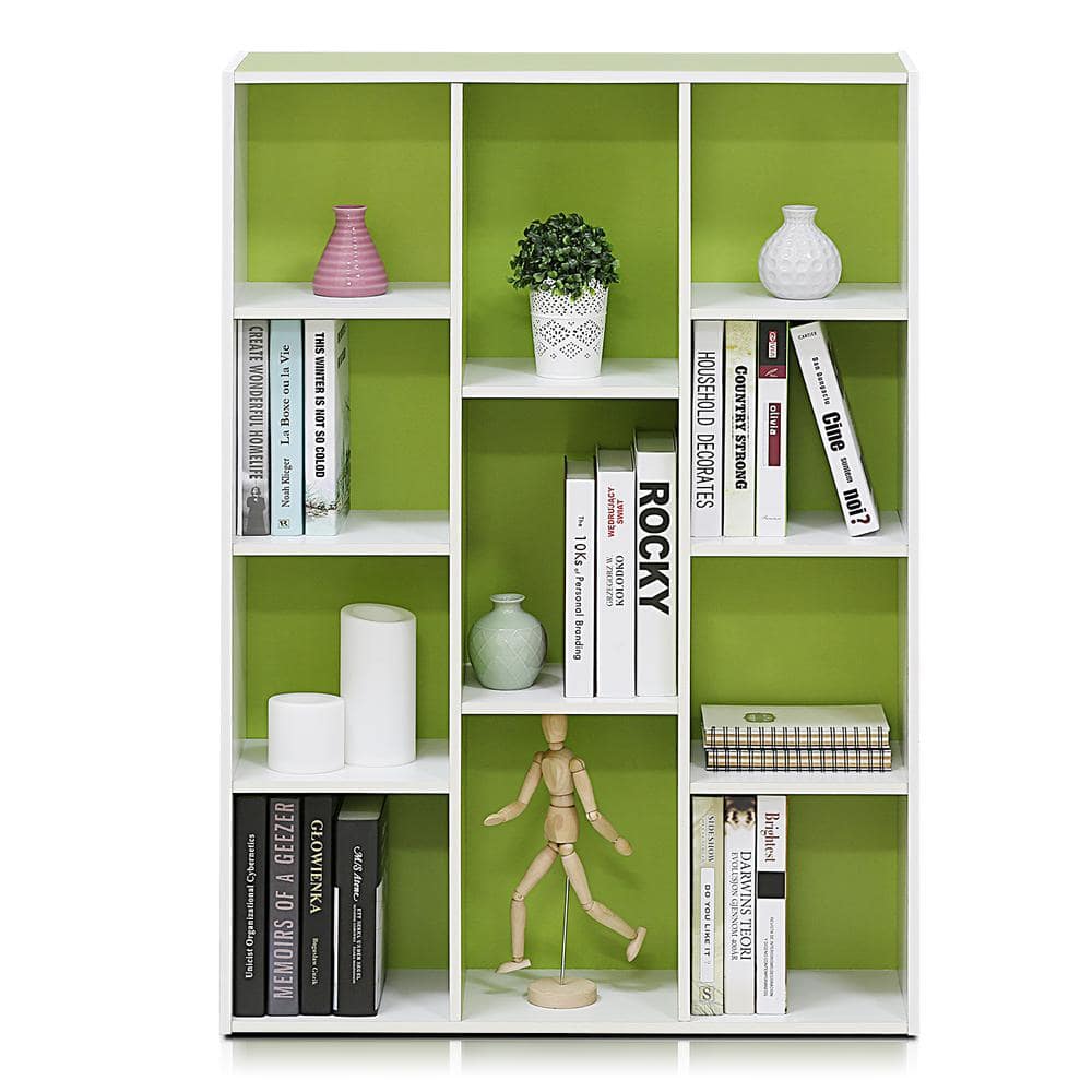 Contemporary White & Light Green Wood 11-Cube Kids Storage Shelf