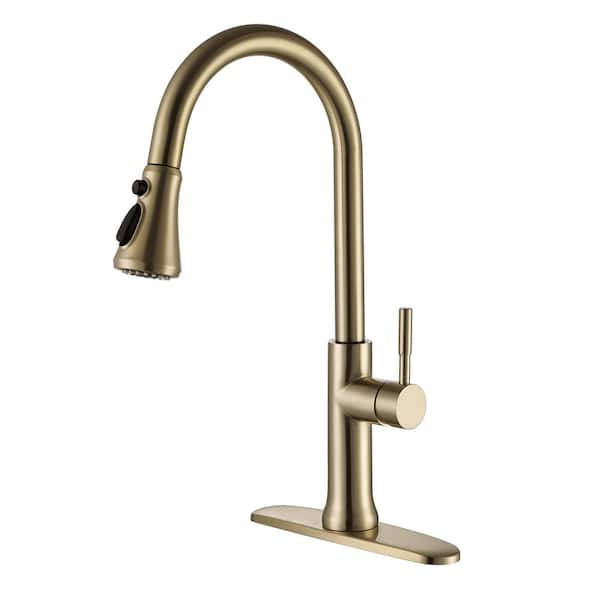 Dimakai Single Handle Pull-Down Sprayer Kitchen Faucet With Deck Plate in Brushed Glod