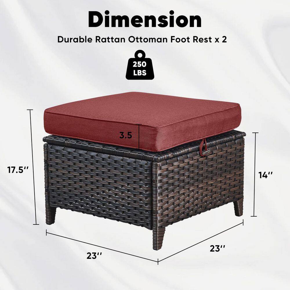 Dimension diagram of a brown wicker ottoman with a red cushion.