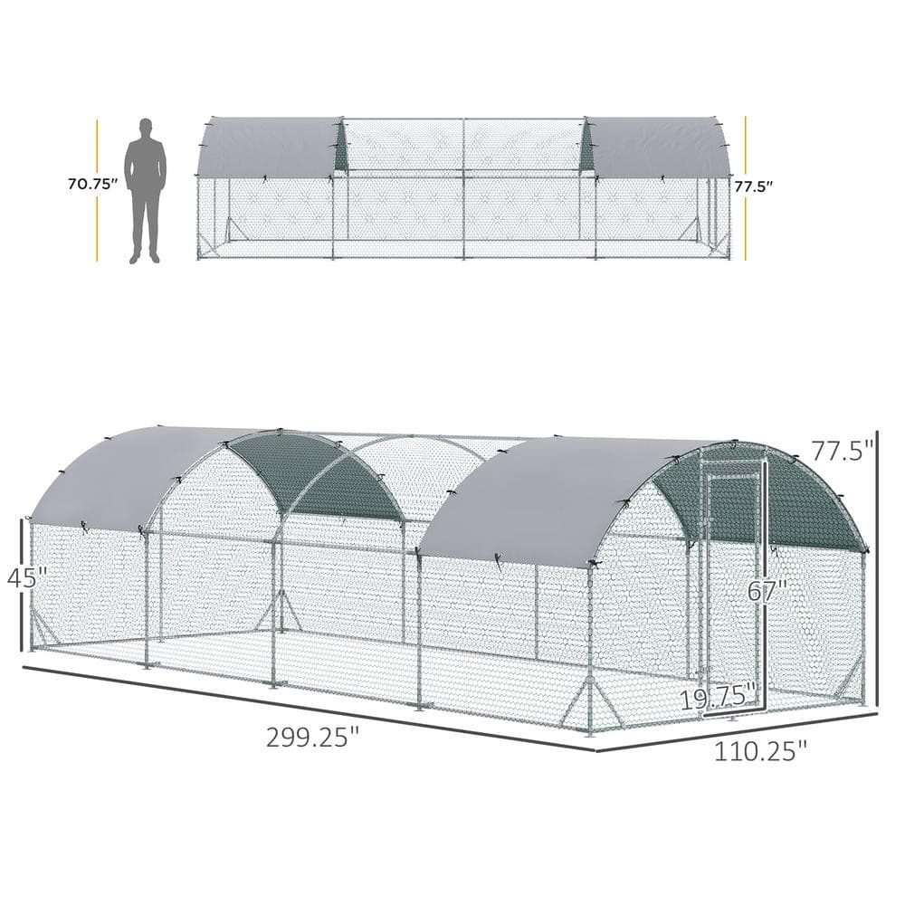 Large Silver Metal Walk-In Chicken Coop with UV-Resistant Cover