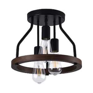 12.6 in. 3-Light Retro Farmhouse Simple Black Semi-Flush Mount Ceiling Light with Wooden Shade
