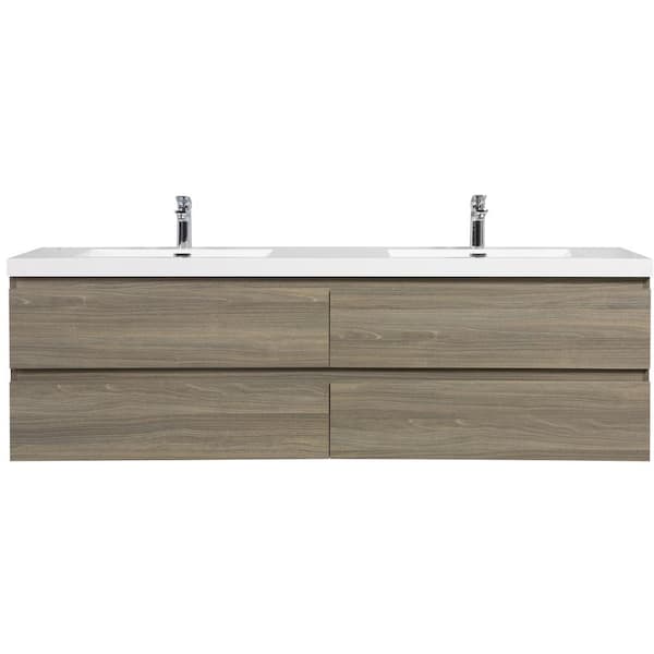 Boosicavelly 72 in. W x 20 in. D x 22 in. H Double Sink Floating Bath Vanity in Ash Grey with Glossy White Resin Top