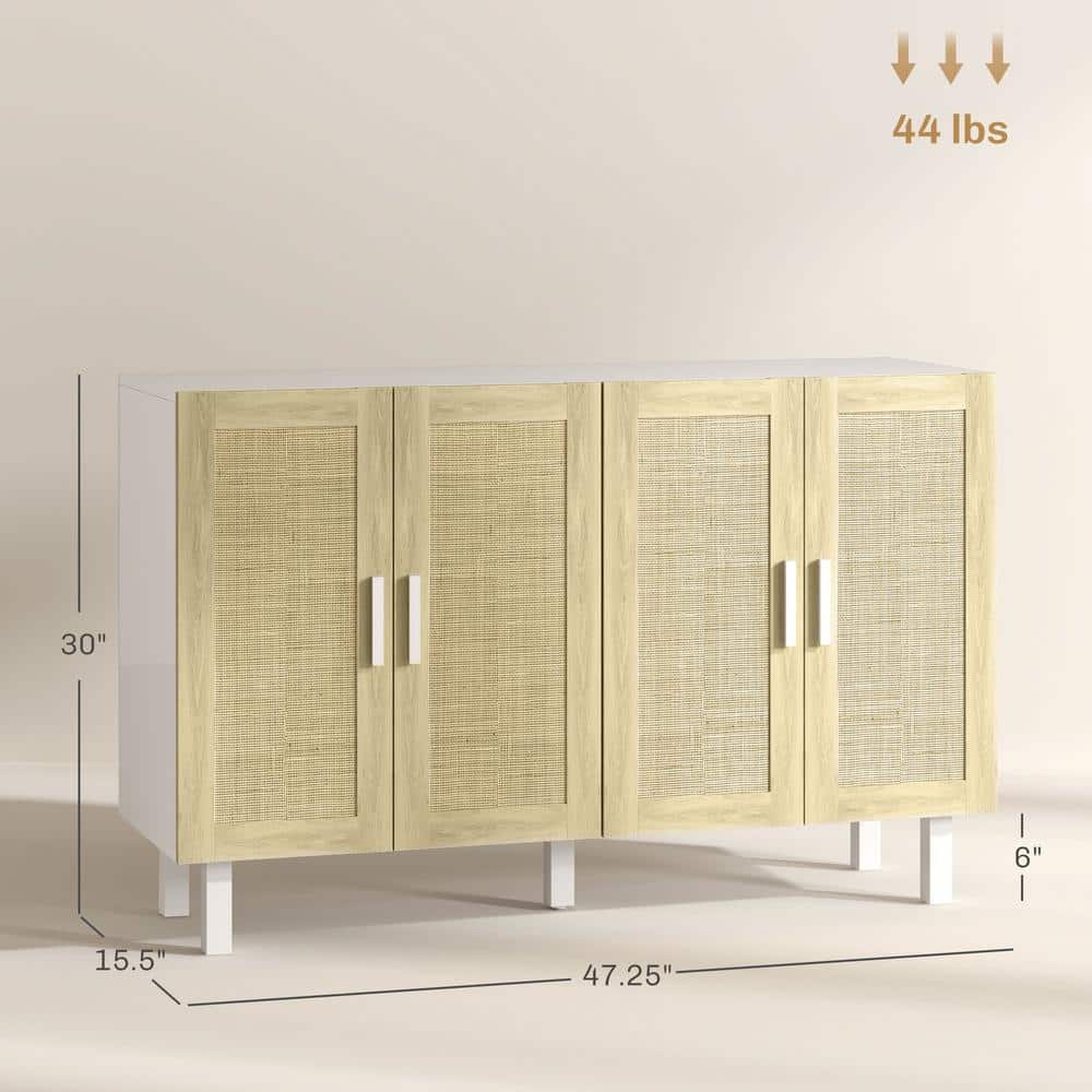 White and Natural Rattan 134 cm Sideboard Buffet Cabinet