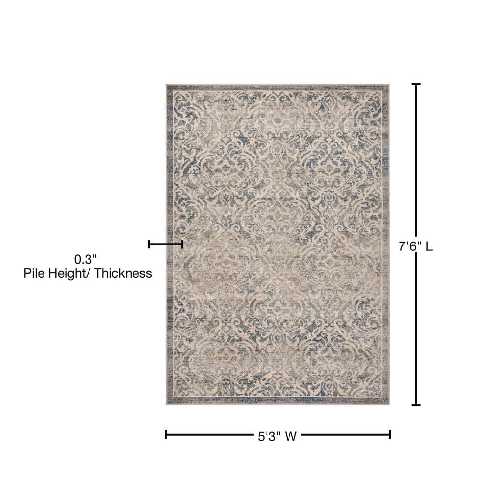 Light Grey and Blue Damask Low Pile Area Rug