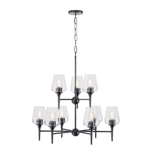 28.5 in. W 9-Light Black Farmhouse Kitchen Island Wagon Wheel Chandelier for Dining Room, E26, No Bulbs Included