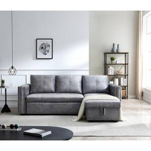 Sectional Sofa with Pulled-out bed, Storage Chaise, L-Shape Lounge Gray Velvet (91'' x 64'' x 37'')