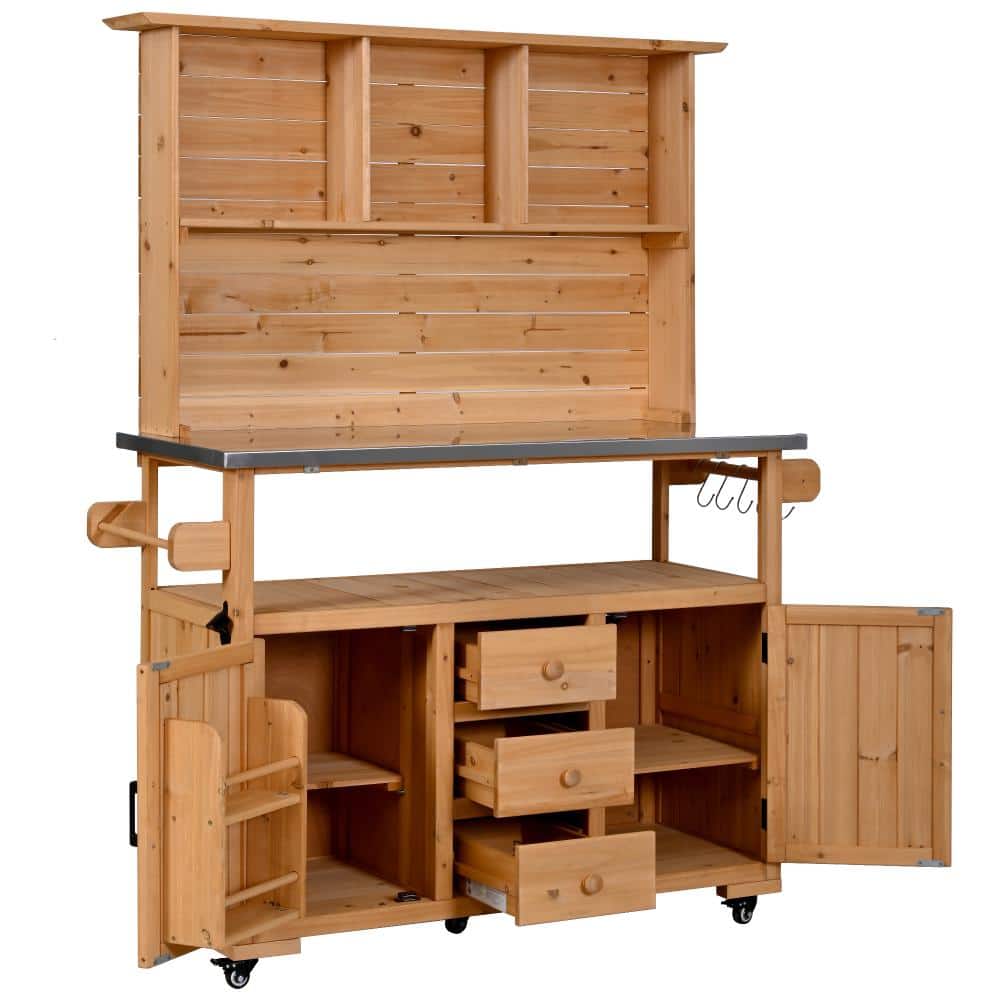 47.2 in. W × 65 in. H Natural Potting Bench with Lockable Wheels, Stainless Steel top, 3 Drawers, Door Shelves, Hutch price history on PriceWatchPro