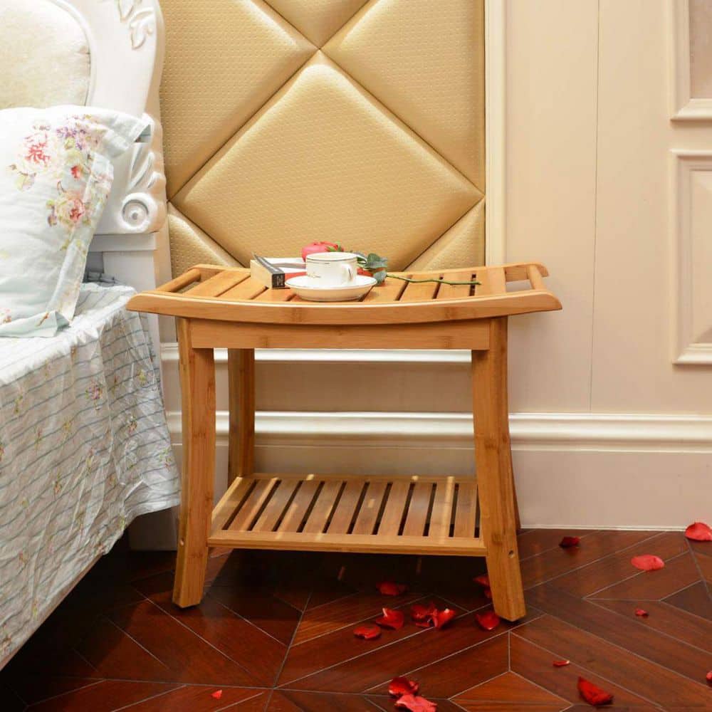 Beige Bamboo Shower Bench with Storage Shelf