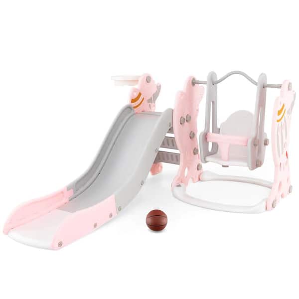 Toddler Slide and Swing Set 4-In-1 Indoor Playground with Extended Slide and Swing Pink