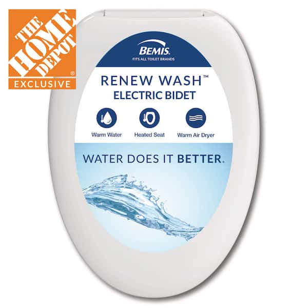 Renew Wash Antimicrobial Electric Plug-in Bidet Seat for Elongated Toilets with Low Profile Design in White