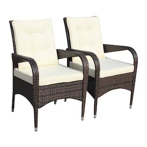 Classic Brown PE Rattan Wicker Outdoor Dining Chairs Garden Patio Leisure Armchair with Beige Cushion (2-Pack)