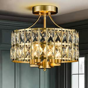 Sroda 12.5 in. 4-Light Brushed Brass Mid-Century Round Drum Crystal Semi-Flush Mount Light with Drum Crystal Shade