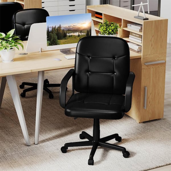 Black PVC Mid-Back Executive Office Chair with Arms Adjustable with Wheels