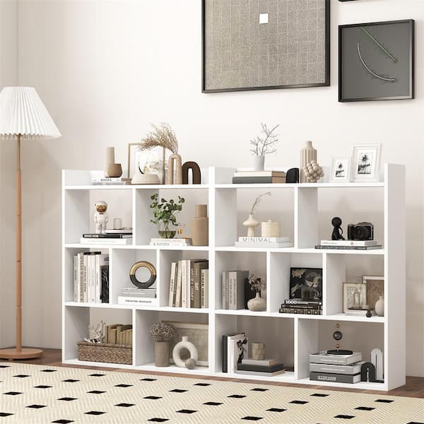 35.5 in. Tall White Wood 7-Shelf Open-back Free-standing Horizontal Bookcase with Anti-Toppling (Set of 2)