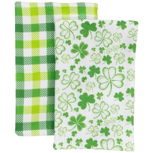 Green Shamrocks and Plaid St. Patrick's Day Polyester Kitchen Tea Towels-26 in.-Set of 2