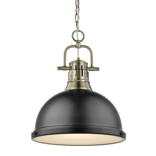 Golden Lighting Duncan 1-Light Aged Brass Pendant and Chain with Matte Black Shade
