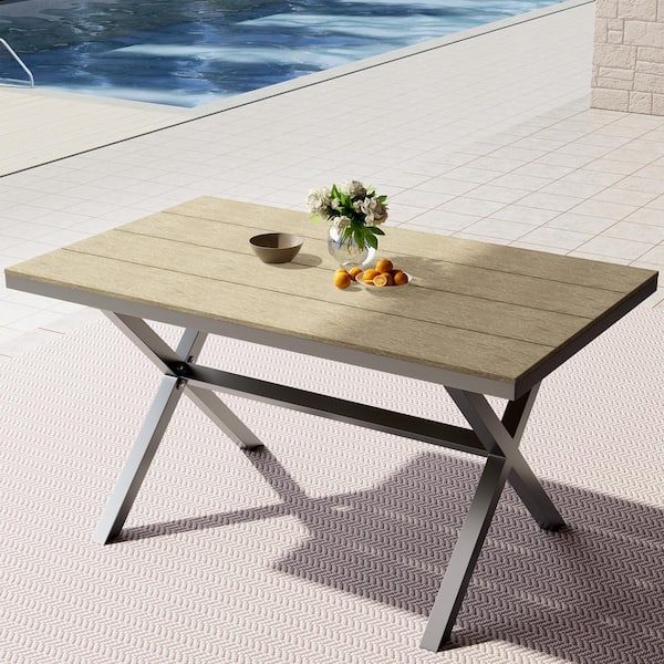Mondawe Brown Plastic Wood Outdoor Dining Table Accent Side Table with Imitation Wood Grain Pattern