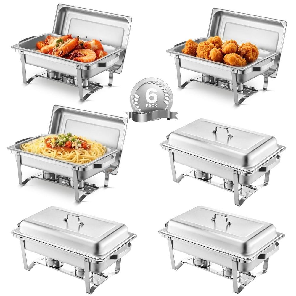 6-Pack Chafing Dish Buffet Set 8 Qt. Silver Stainless Steel Chafing Dishes with Full Size Pans