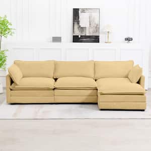 112 in. W 4-Piece Modern Fabric Sectional Sofa with Ottoman in Yellow
