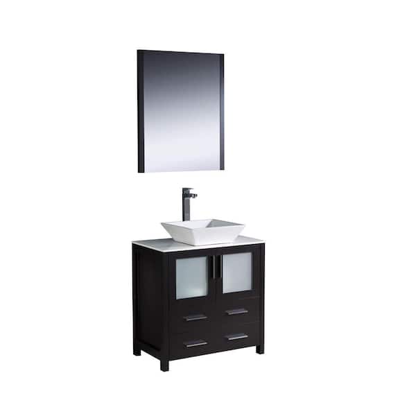 Fresca Torino 30 in. Vanity in Espresso with Glass Stone Vanity Top in White with White Basin and Mirror