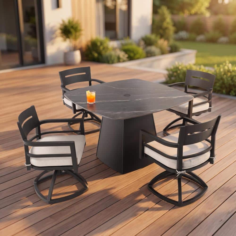 5-Piece Aluminum Outdoor Dining Set, Rounded Square Sintered Stone Table and 4 Swivel Rockers with Gray Cushions price history on PriceWatchPro